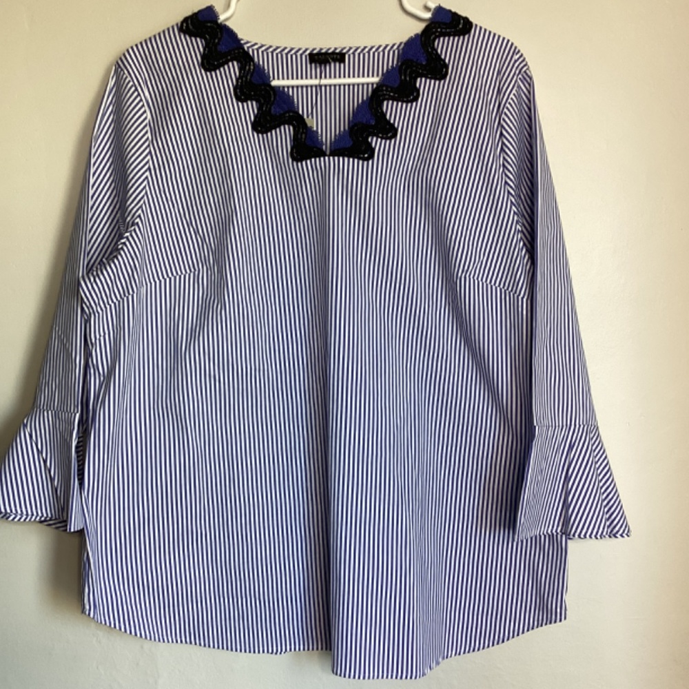 NWT Talbots Embroidered Rick Rack Trim Top Blouse Bell Sleeves XL Striped Brand - Picture 3 of 16